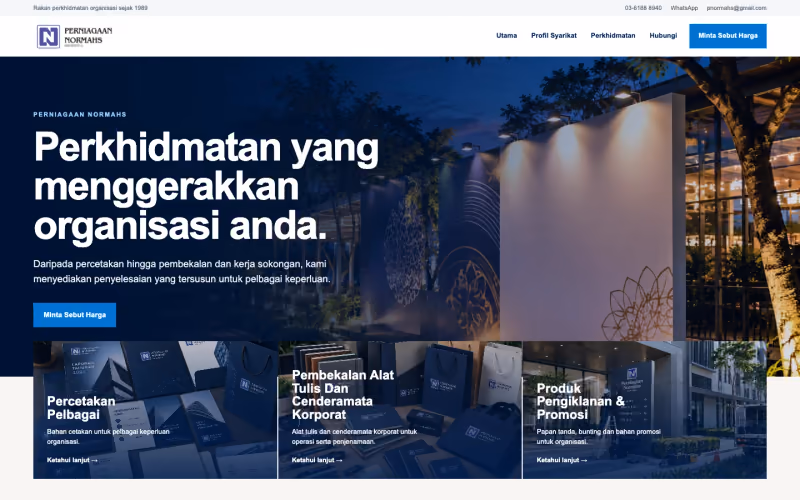 Laman web percetakan dan bekalan Perniagaan Normahs dengan enquiry quotation