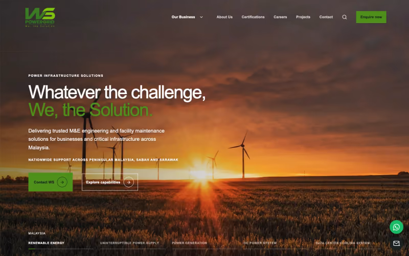 Laman web korporat WS Powergrid, syarikat kejuruteraan kuasa